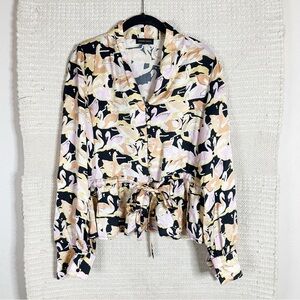 STINE GOYA black printed swans Tinke peplum blouse top S